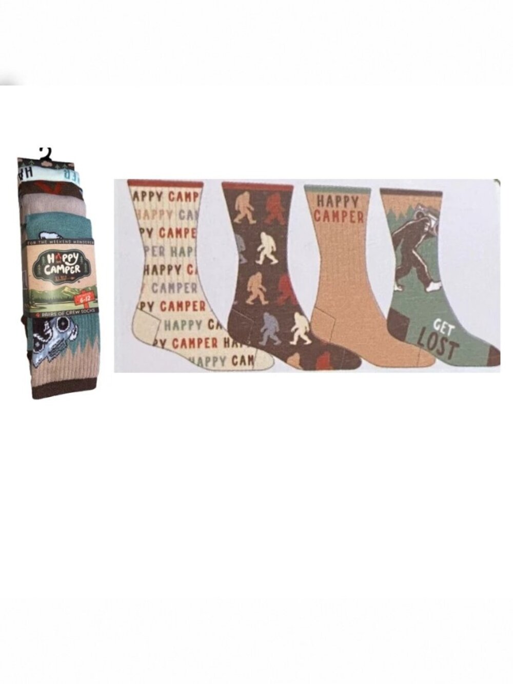 Happy Camper 4 Pair Bigfoot Camping Theme Men's Novelty Crew Socks